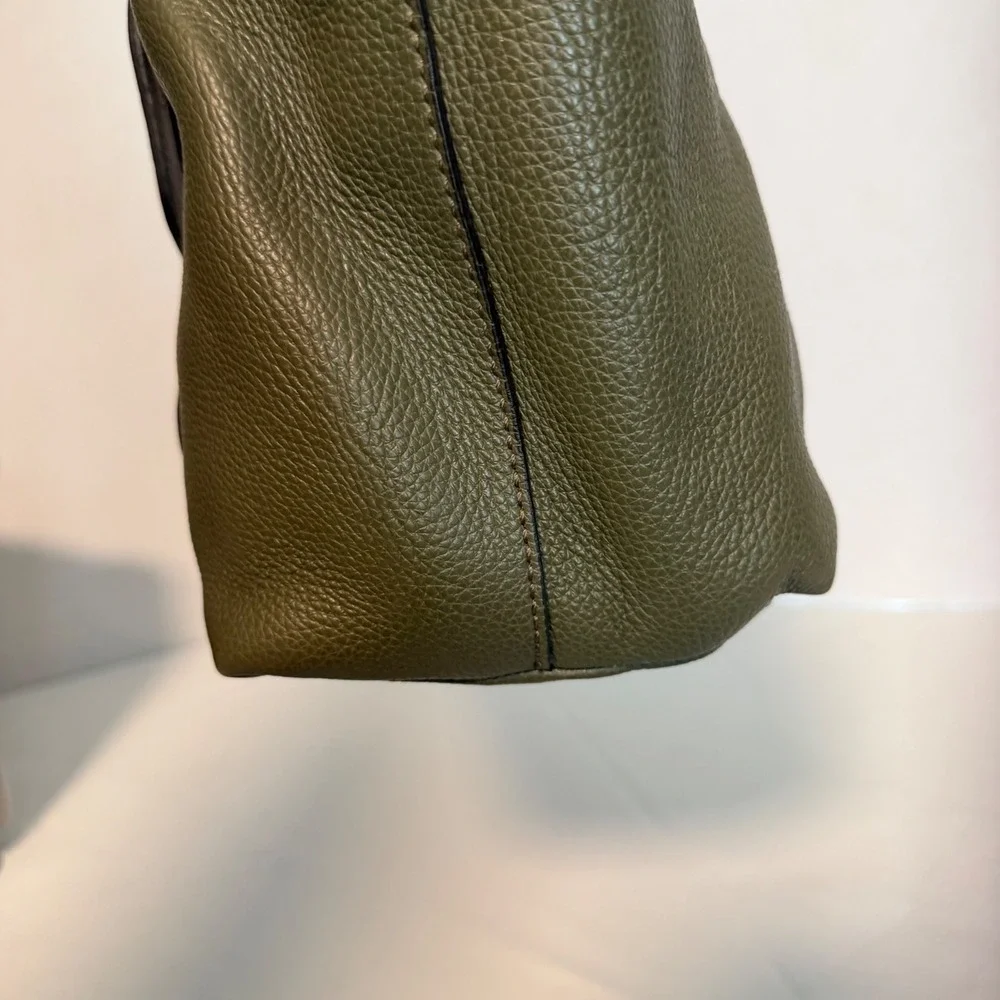 🔵 Furla Olive‎ Green Pebbled Leather Tote Bag Gold Hardware Shoulder Italy
